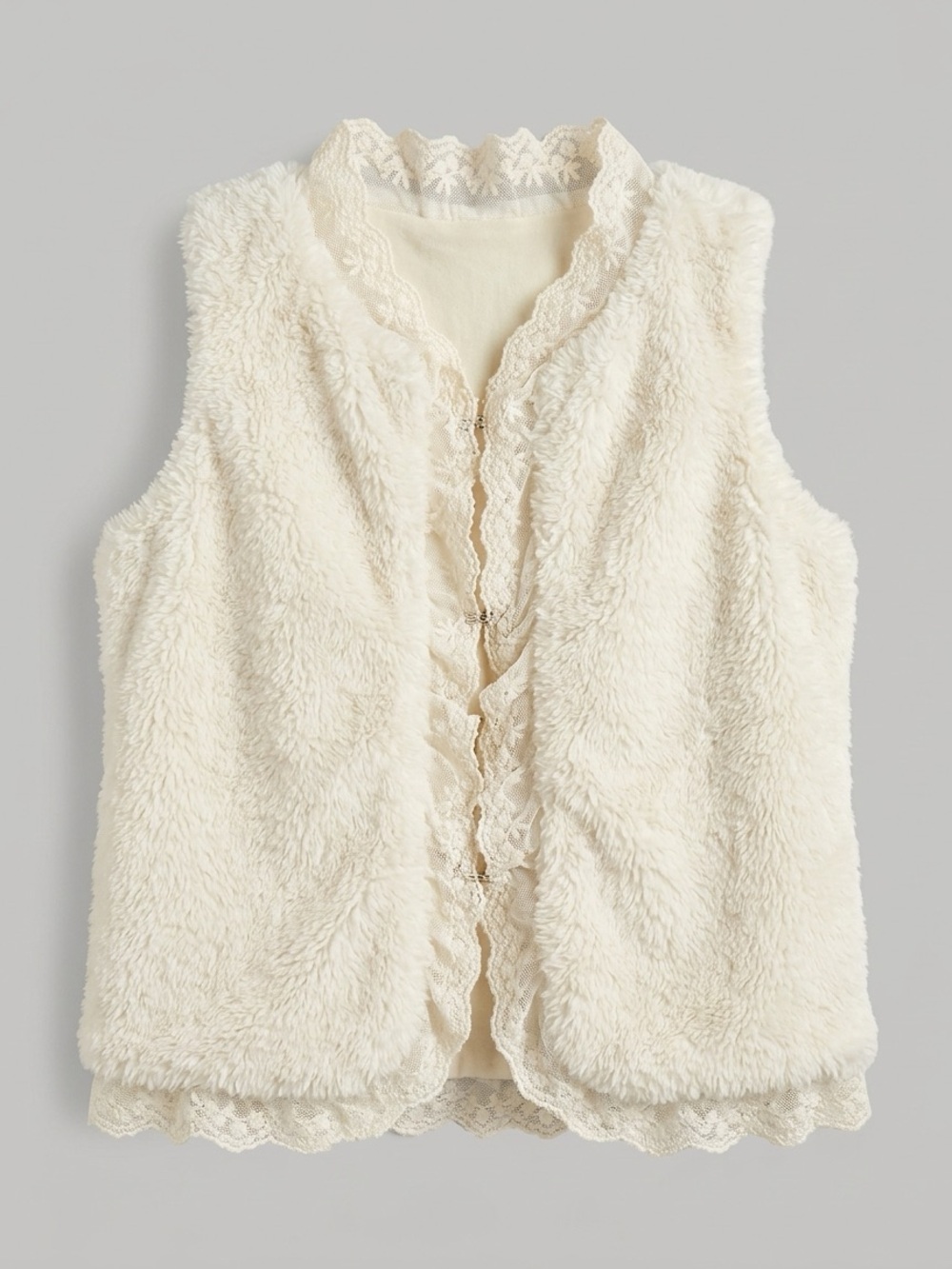 💥4/$15 Whimsical M.L. Kids Cream Faux Fur Fleece Lace Trim Open Front Vest - 6